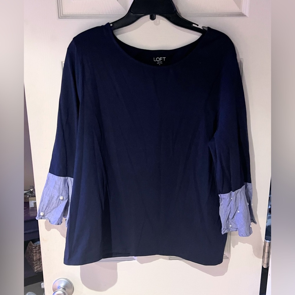 LOFT Navy Blouse with Embellished Bell Sleeves Size XL